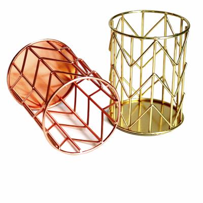 China 100% Eco-Friendly Desktop Mesh Yarn Rose Gold Around Desk Organizer Metal Decorative Cup Pen Pencil And Brush Holder Custom Made for sale