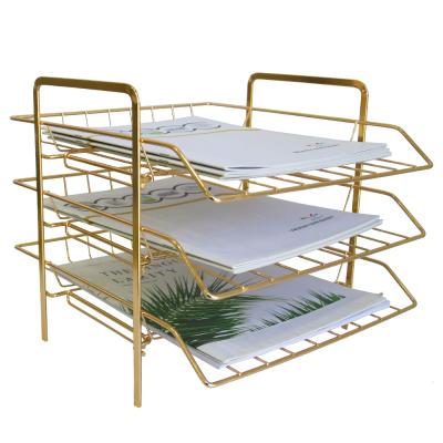 China Metal Office Supplier Accessories Wire Mesh Metal 3 Layers Desk Stackable Folding Mounted File Tray Gold for sale