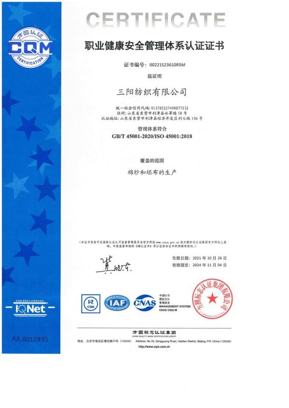 ISO 45001 - Sanyang Textile Co., Ltd.