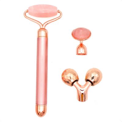 China Wholesale Face Lift Beauty Skin Care Instrument Rose Quartz Jade Roller 3 in 1 Vibrating Facial Massager Set for sale