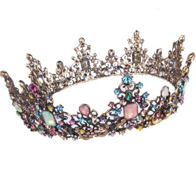 China European and American alloy crown grand style retro gold inlaid seven colored diamond princess crown amazon hot headwear for sale