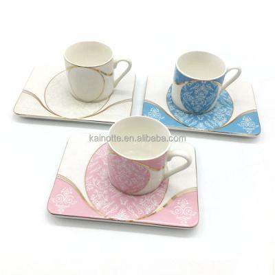 China Sustainable printed design new bone china gift box unique square saucer 90cc porcelain tea cup ceramic tea cup and saucer set for sale