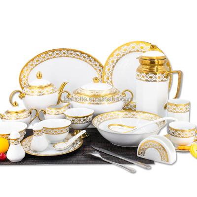 China Sustainable New 72pcs 101pcs 102pcs Dinnerware Sets Luxury Porcelain Gold Plated Dinner Set With Customized Design shape for sale