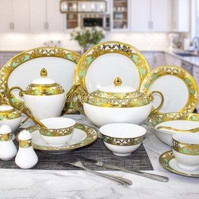 China Sustainable Wholesale Custom Handmade Logo Modern Design Fine Bone Porcelain Ceramic Dinner Sets Gold Rim Plated Bowl Dinnerware Set for sale