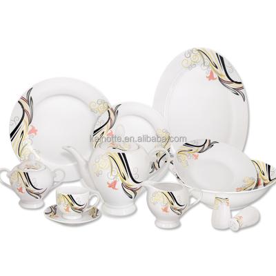 China Sustainable Modern House Wedding Use Round Shape 49pcs White Ceramic Dinnerware Fish Plates Bowl Teapots And Cups Dinner Set for sale