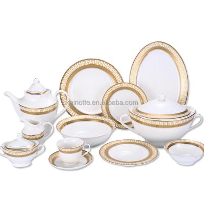 China Sustainable 61pcs Gold Inlay Middle East Style Pattern Design Dinnerware White Porcelain Round Plate Bowl With Square Teapot Dinner Sets for sale