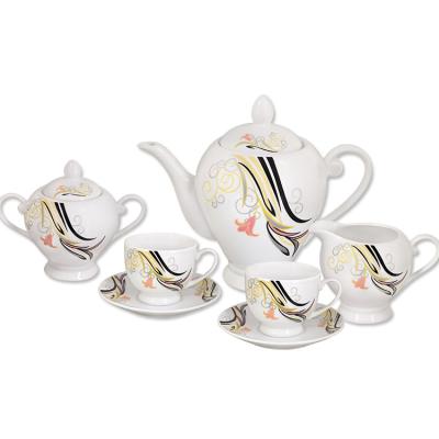 China Sustainable Simple Flower And Flowing Line Customized Design 17pcs Large Capacity Porcelain White Handle Round Teapot And Cups Tea Set for sale