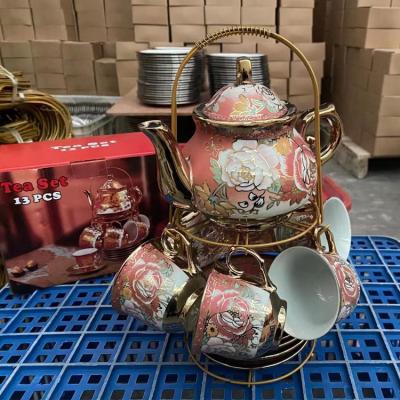 China Sustainable Luxury ceramic personalized metal arabic tea cup set 13/17 pcs vintage porcelain tea set teapot coffee sets porcelain with sta for sale