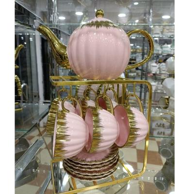 China Sustainable Modern color glazed gold plated bone china 220ml luxury cup and saucer arabic tea sets with teapot porcelain for sale