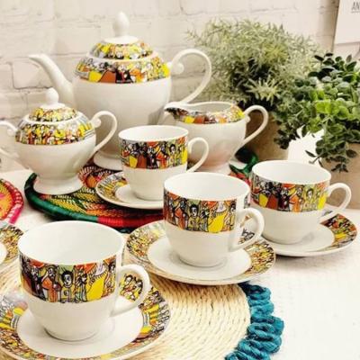 China Sustainable YIWU Wholesale Ceramic Porcelain  17 PCS Ethiopian Eritrean Traditional  Tea Set Queen Sheba Design Ethiopia coffee set for sale