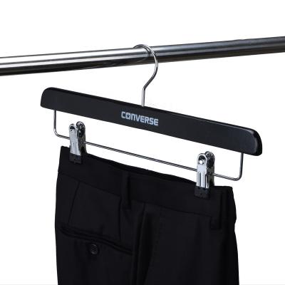 China Factory Durable Brand Hanger China Custom Wooden Trouser Pants Hangers With Clips for sale