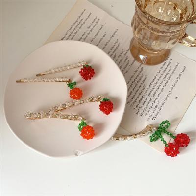 China Crystal Hot Sale Crystal Handmade Beaded Hair Clip Girls Strawberry Orange Hair Pins Hair Grips for sale