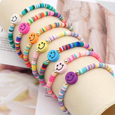 China Colorful Bohemian Polymer Clay Bead Stretched Friendship Wholesale Elastic Happy Bead BOHEMIA Smile Face Bracelet for sale