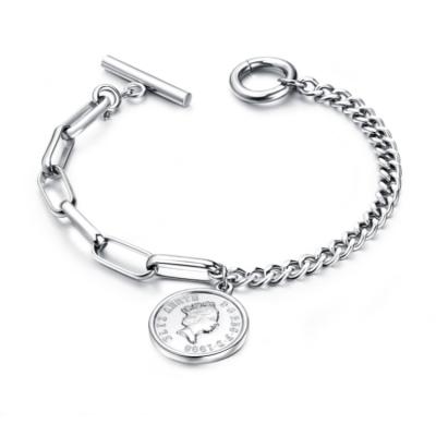 China Office / Major Round Elizabeth Coin Bracelet Stainless Steel Ladies Bracelet Career Brand Retro Jewelry for sale