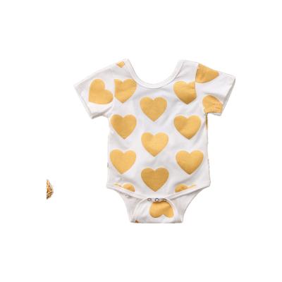 China 100% Cotton Girl's Gold Triangle Halter Baby Romper Polka Dot Print Back Single Bow Short Sleeve White Baby Romper for sale