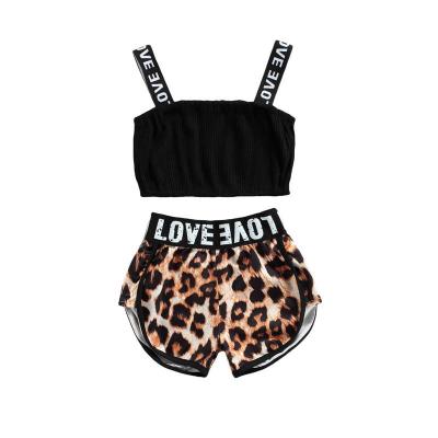 China ENGLAND STYLE Girl Summer Top Solid Suspender Shorts Set Two Piece Set Girls Summer Sports Leopard Kids Clothing for sale