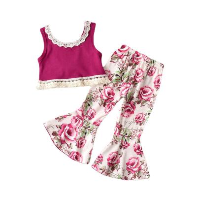 China ENGLAND STYLE Girls Summer Outfits Sets Two Piece Set Bell Bottom Casual Floral Printed Sports Kids Clothing for sale