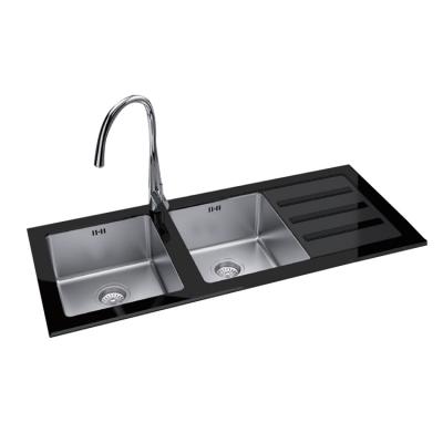 China With Faucet OEM Manufacturer Kitchen 16 Gauge Black Glass Topmount Handmade Stainless Double Bowl Sink With Drainer en venta