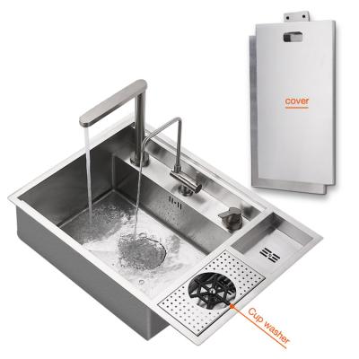 China With Single Bowl 304 Stainless Steel Faucet Kitchen Sink Topmount Concealed With Faucet Cup Rinser And Cover for sale