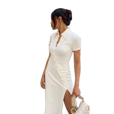 China White Short Sleeve Asymmetry Anti-Static Potential Slit Collar High Slit Collar Bodycon Dress For Women for sale