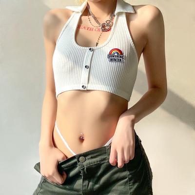 China Custom Eye-Catching QUICK DRY Embroid Logo Sleeveless Turndown Collar Crop Top Crop Tops Summer Tank Tops With Since for sale