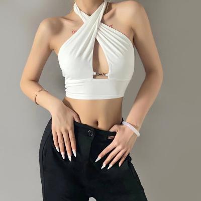 China QUICK DRY Design Summer Stylish Eye Catching Sexy Women Halter Cropped Tops Solid Color Hollow Out Crop Top With Chain for sale