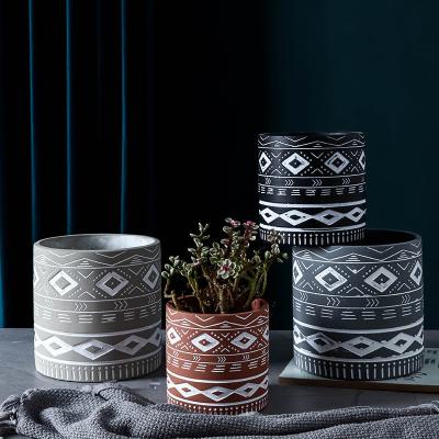 China Vasos De Planta Style Decorative Cement Flower Pot Durable Chinese National Unique Craft Pattern Pots For Indoor Plants for sale