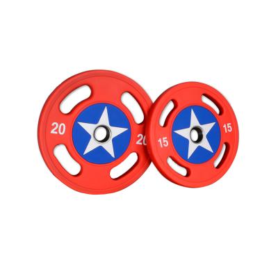 China Commercial Use Fitness Accessories 4 Holes PU 25 Kg Weight Plate Commercial For Bodybuilding for sale