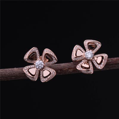 China Real 18 Kt Rose Gold Clover Stud Fiorever Earrings In Earrings With Pavé Diamonds for sale