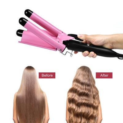 China Unique 3 Tubes Design Amazon Best Big Large LCD Display Curler Hair Curler Wave Curling Iron Beauty Home Use Wavy for sale