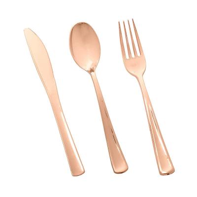 China Rose Gold Cutlery Set Plastic Disposable Metallic Metallic Forks, Spoons, Knives Heavy Duty Silverware For Party for sale