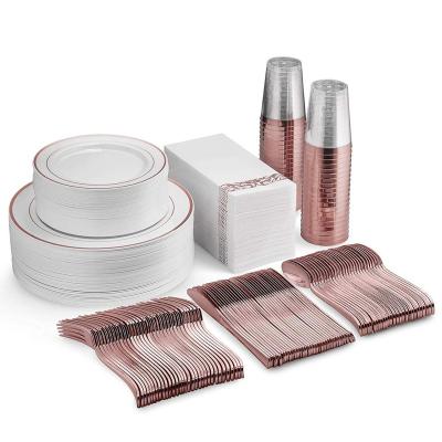 China Disposable Rose Gold Plastic Plates with Disposable Cutlery, Cups, Napkins Dinnerware sets for Wedding Parties for sale