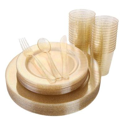 China Disposable Gold Glitter Plastic Dishes With Disposable Silverware, Cups Dinnerware Sets For Wedding Party for sale