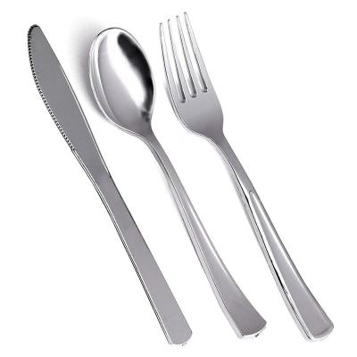 China Disposable Silver Plated Plastic Silverware Set Disposable Flatware Heavy Duty Silverware For Party Disposable Elegant Plastic Cutlery for sale