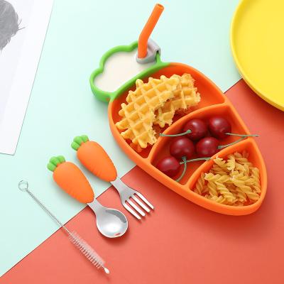 China New Design Modern Cute Carrot Shape Toddler Dinnerware Set Professional Silicone Divider Feeding Dish Set with Spoon Fork Straw for sale