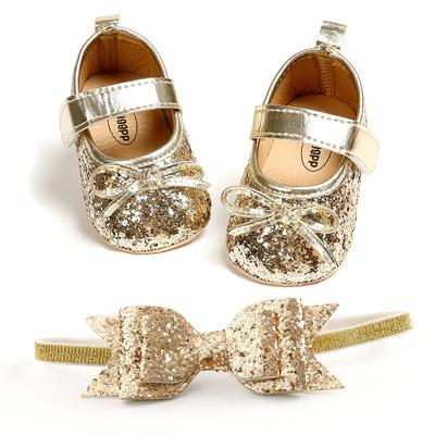 China Lightweight Glitter Baby Shoes Leather Toddler Baby Walkers First Sets Soft Unique Bling Hook and Loop Bow-knot Headband Shoes for Girls for sale