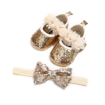 China Light Glitter Newborn Girls Shoes Leather Trim Toddler Walkers First Headband Bow-knot Set Soft Unique Hook and Loop Bling Shoes for Girls for sale