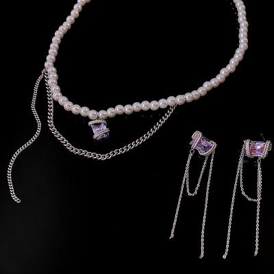 China CLASSIC Women Party Purple Zirconia Crystal Tassel Earrings Pearl Chain Jewelry Choker Necklace Jewelry Sets for sale