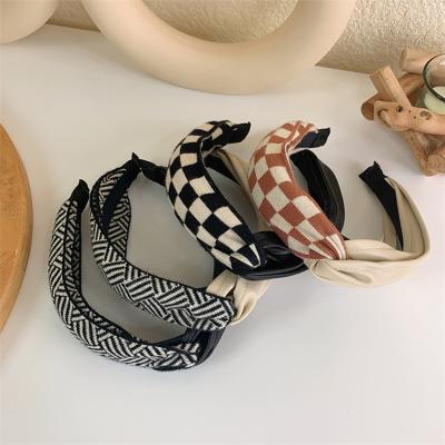 China Fashionable Japan Lattice Print Leather Black White Cross And Stripe Korean Style 2021 New Knotted Hair Bands Headbands Women Hair Accessories for sale