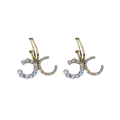 China New Trendy Korean Fashion Crystal Rhinestone Double C Letter Drop Earrings For Women Party Dc Earrings 2021 for sale