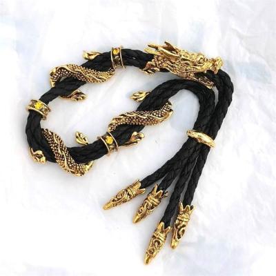 China Vintage Antique Gold Plated Black Leather Rope Dragon Adjustable Bracelets & Bangles For Men Women Gifts for sale