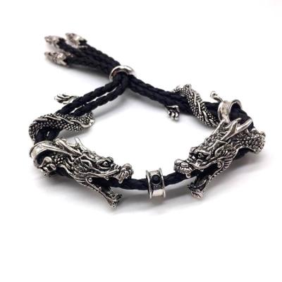 China Vintage Antique Silver Plated Double Black Dragon Head Men Women Rope Bracelets and Bangles Gifts for sale