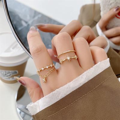 China 2021 Hot Fashionable Micro Inlay Zirconia Double Layer Star Tassel Double Layer Gold Color Korean Jewelry Open Rings For Women for sale