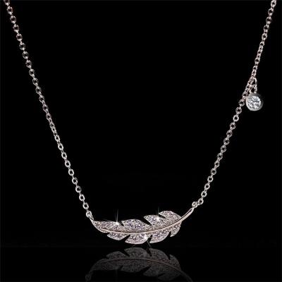 China CLASSIC Copper Micro Paved Zircon Feather Leaf Dangle Necklaces Women Shape Jewelry for sale