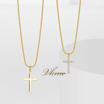 China FASHIONABLE High Quality VKME Copper CZ Diamond Christian Religion Jewelry Gold Plated Micro Pave Cross Pendant Necklace for sale