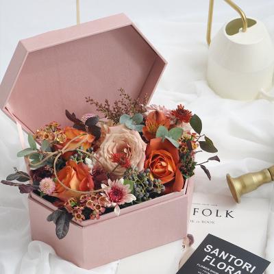 China Custom Velvet Hexagon Rigid Paper Pink Preserved Rose Gift Bouquet Envelop Shape Waterproof Mini Flower Storage Roses Packaging Box for sale