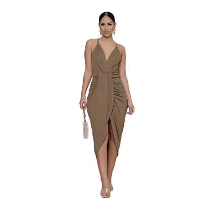 China Hot Selling 2022 New Women's Irregular V-Neckline Casual Dress Women Summer Washable Solid Backless Sexy Elegant Skirt for sale