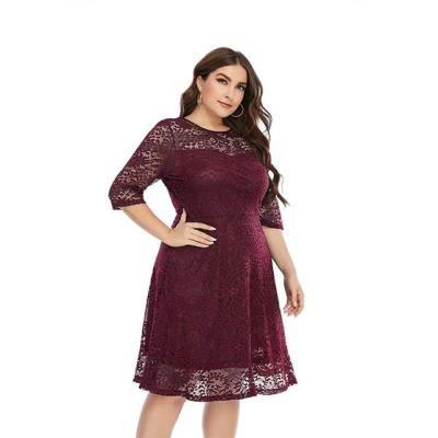 China New Arrival Solid Color Fashion Women Summer Lace Dress Solid Color Half Sleeve Hollow Skirt 2022 New Arrival Fat O-collar Fat Size for sale