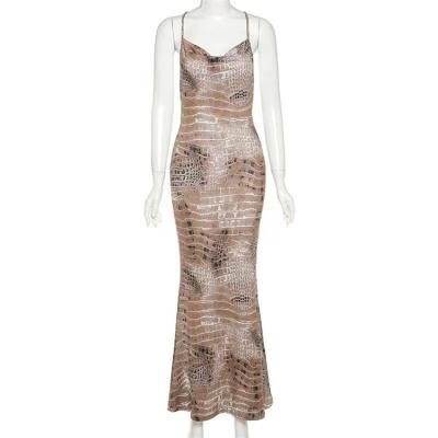 China Sexy Summer Fashion Snake Printing Maxi Dresses Women Sexy V-Neck Bodycon Anti-static Mermaid Dress for sale