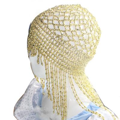 China Gold Beads Women Belly Dance Hat Beaded Headpiece Hat Dance Costume Glitter Accessories for sale